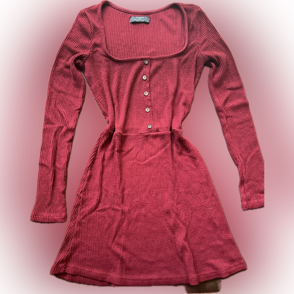 Bershka (BSK) Women's Soft Mini Dress - Long Sleeves, Red/Burgundy, Size S